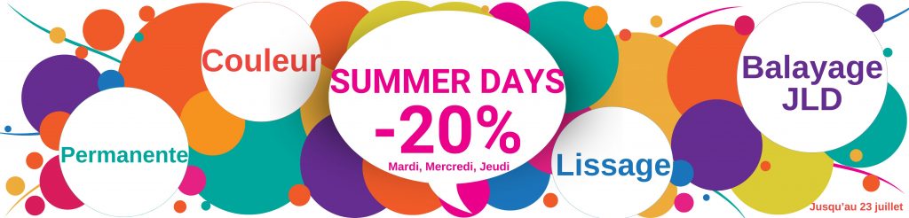 Bannière promotionnelle pour un salon de coiffure offrant une remise de 20% sur divers traitements capillaires, y compris la couleur, la permanente, le lissage et le balayage pendant les Summer Days.